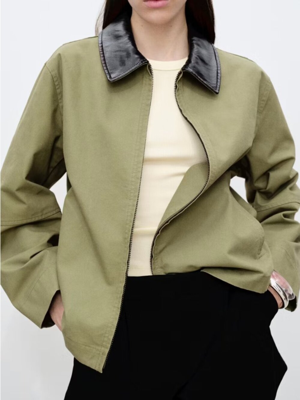 Mango Cotton Twill Utility Jacket with Faux Leather Collar | Size L